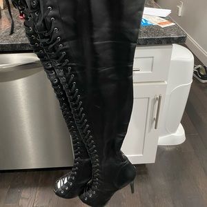 Thigh High Black Leather Lace Up Boots